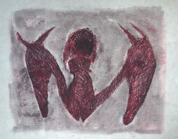 connecting at the root in red monotype